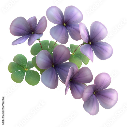 Delicate purple flowers with green leaves artistic floral arrangement isolated on white background