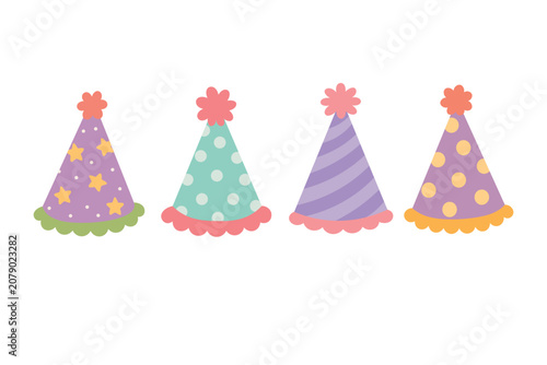 Quadro su tela Cute pastel birthday party hats with flowers, dots, stars and striped patterns