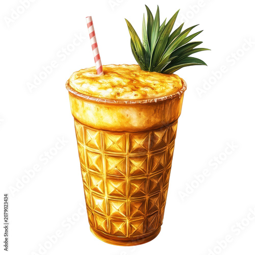 Golden pineapple drink with straw and fresh green pineapple leaves isolated on white background