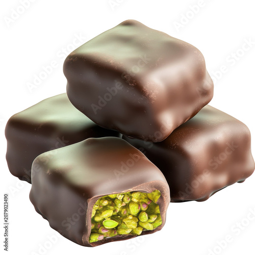 Decadent chocolate-covered pistachio treats displaying texture and detail isolated on white background