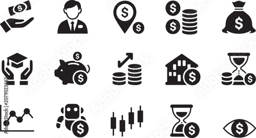 Financial Investment and Banking Solid Black Vector Icon Set
