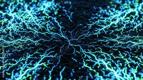 Abstract Animation of Glowing Blue and Green Neural Network Connections and Electrical Energy Pulses Spreading on Dark Textured Surface
