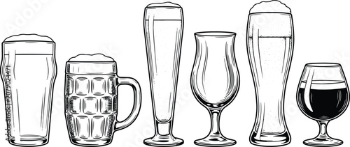 Vintage hand drawn beer glassware engraving illustration set with pint mug goblet glasses