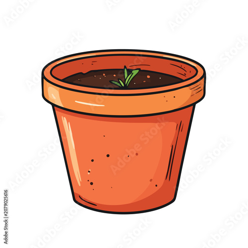 A small terracotta flower pot containing soil and a tiny green seedling sprout.