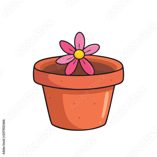 A cute cartoon illustration of a single pink flower blooming inside a terracotta pot.