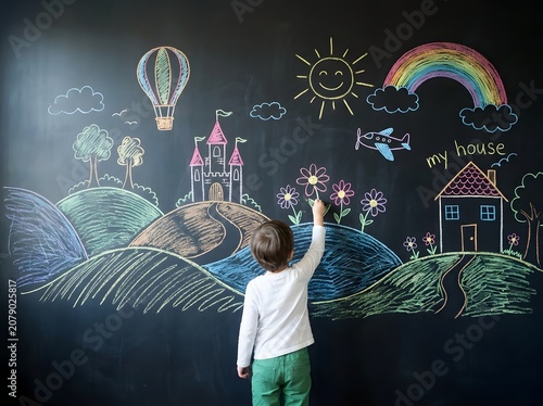Child drawing colorful chalk art on a blackboard, imaginative childhood creativity, playful learning and artistic expression, educational activity for kids