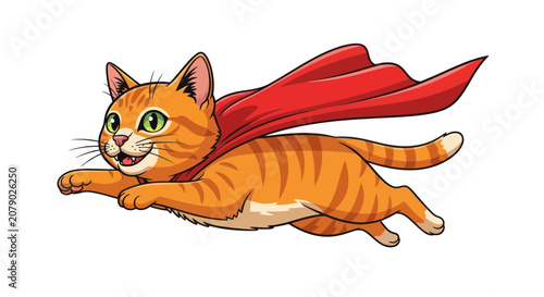 Obraz na plátně Orange tabby cat flying in the air wearing a red superhero cape