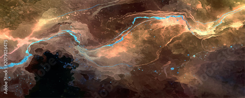 Tableau sur toile Aerial View of a Winding River in Arid Landscape abstract aerial perspective showcases a vibrant turquoise river snaking through a rugged, arid landscape, with arid land, dry riverbeds