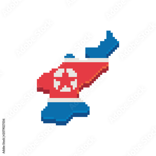 Pixel art map of North Korea with the national flag. Retro 8-bit country silhouette isolated on white background, travel, geography, education, games, apps, and infographic design.