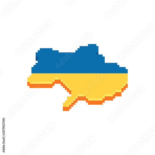 Pixel art map of Ukraine with the national flag. Retro 8-bit country silhouette isolated on white background, travel, geography, education, games, apps, and infographic design.