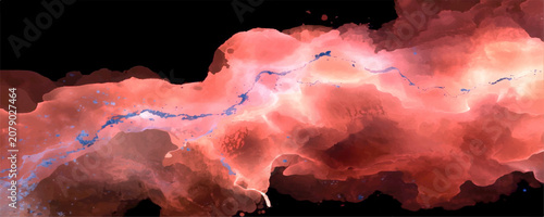 Photos Celestial Nebula Flow ethereal cosmic cloud formation, rendered in vibrant hues of pink, red, and blue, drifts across a void of deep black, suggesting a vast and unexplored universe