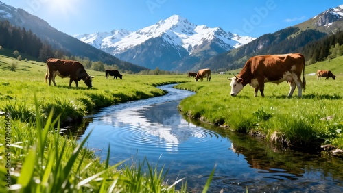 Cows grazing in mountain meadow