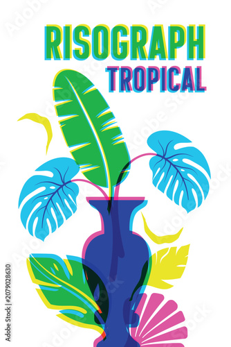 Risograph Tropical Plant Vase Poster