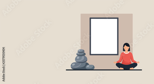 Photography A minimalist vector illustration of a woman practicing yoga in a zen room with stacked stones and a blank poster frame on the wall