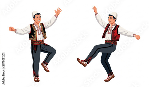 Foto Albanian and Kosovo Men Folk Dance in Traditional Costume Colorful Vector Illust