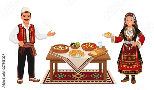 Cuadro en lienzo Albanian Couple in Traditional Costume with Traditional Food Colorful Vector Ill