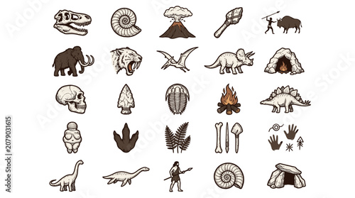 Dinosaur icons and prehistoric symbols.