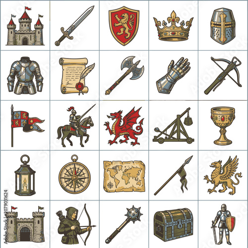 Medieval knight armor sword shield.
