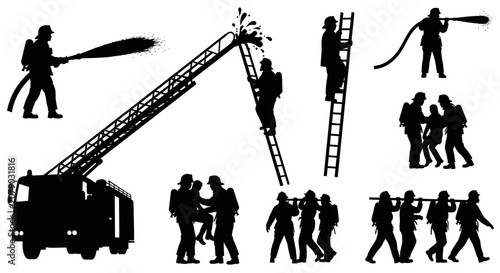 Photos Firefighters in action silhouettes with fire truck and ladders