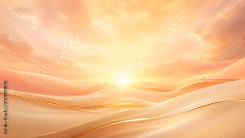 Soft golden silk fabric waves flowing under a warm glowing sunset sky