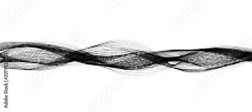 Abstract monochrome halftone wave. Abstract dynamic wave, digital audio equalizer, flow line, frequency sound. Halftone dotted fluid design. Vector dotted background