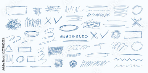 Blue pen scribble elements set. Hand-drawn pen scribbles and ballpoint ink doodles set -  featuring circles, rectangles, underlines, hatching, highlights. Vector doodles elements collection