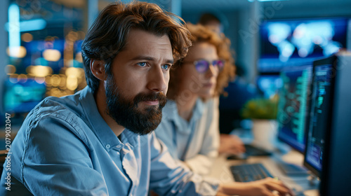 Anonymous it team examining network activity on a large control screen inside a high-tech security operations center with screens glowing in the distance, showing real-time monitoring, risk
