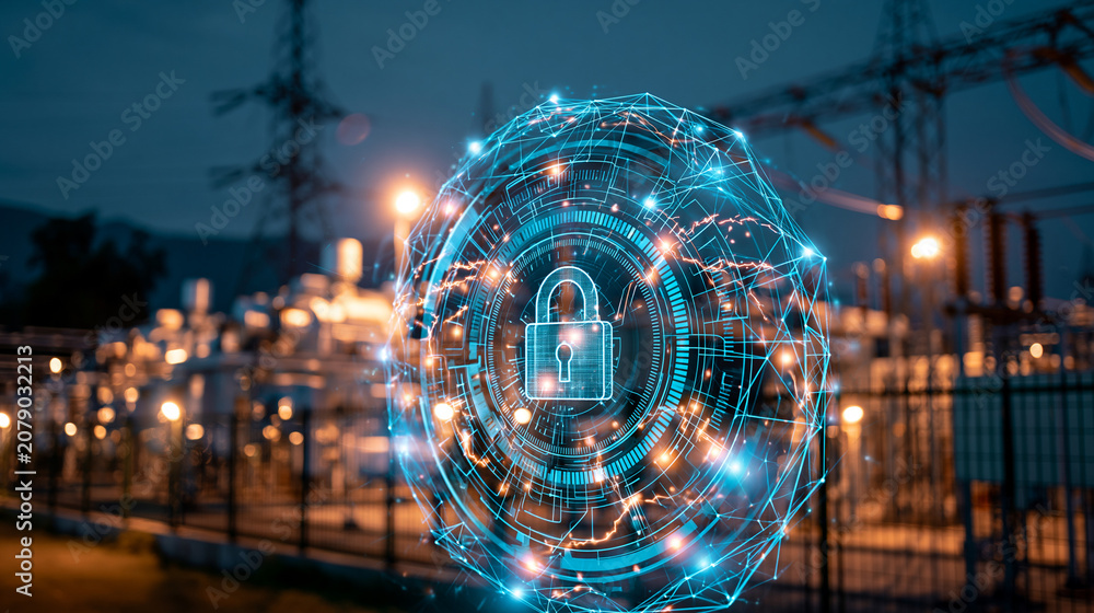 Obraz premium Critical infrastructure facility protected by a digital cybersecurity overlay against a dark futuristic technology background with clean data visualizations, illustrating AI-assisted