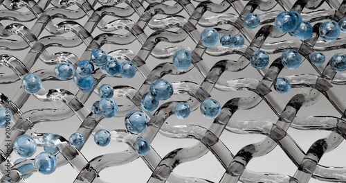 Tableau sur toile 3d illustration of a glass woven mesh through which numerous translucent blue spheres pass and linger