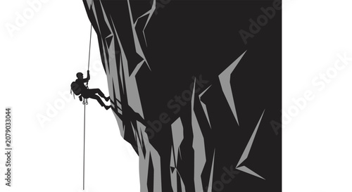 Foto Rock climber descending a cliff face black silhouette