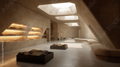 Modern Interior Design Showcasing Architectural Space with Natural Light and Display Shelves