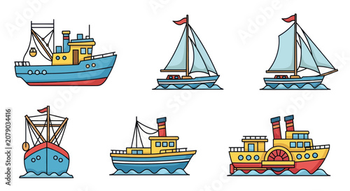 Canvas Print Collection of colorful cartoon maritime vessels and ships