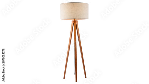 Modern minimalist wooden tripod floor lamp with fabric shade isolated on transparent background cut out
