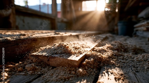 Sunlit Wood Dust and Sawdust on Plank in Rustic Workshop Background