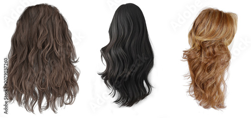 Tableau sur toile Three different styles of wavy hair extensions or wigs, isolated on a white back