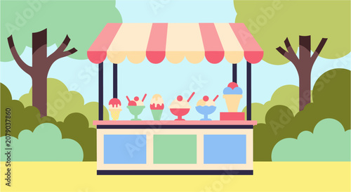 Konstfotografi Dessert stall with frozen treats in a sunny park during summer with colorful tre