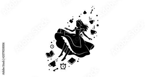 Falling girl silhouette with objects on transparent background