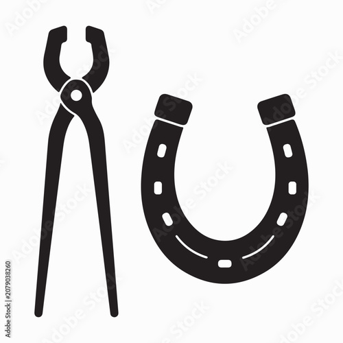 Black Silhouette Pliers Tool and Horseshoe Vector Industrial Icon Set