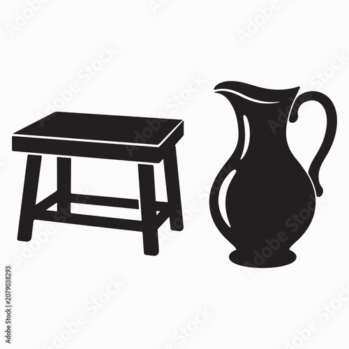 Black Silhouette Wooden Stool and Water Jug Vector Illustration Set