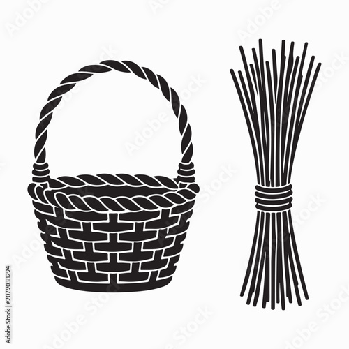 Black Silhouette Basket and Cleaning Broom Stick Vector Set Isolated on White Background
