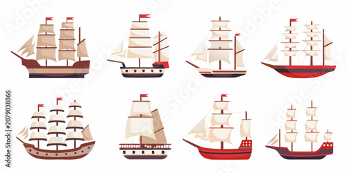 Foto Collection Of Sailing Ships Flat Vector Illustration On White Background