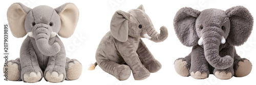 Photography Three plush toy elephants sitting on a white background