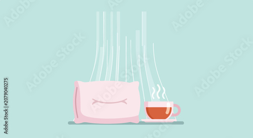 Tableau sur toile A minimalist illustration of a soft pink pillow and a hot cup of tea with rising steam, symbolizing a peaceful morning or a restful night's sleep