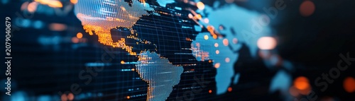 Composition details Perspective, depth of field (bokeh), close-upmacro view of a digital grid. Image details Digital map of the Americas (North and South America), blue and orangegold