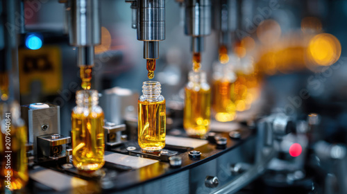 Automated filling and sealing of small glass bottles with golden liquid on a production line