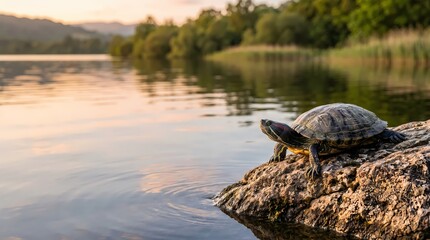 A serene turtle perches on a rocky outcrop in a tranquil lake surrounded by lush greenery at sunset.