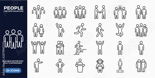 Cuadro en lienzo People line icon team, handshake, running, walking, group hug and podium winner
