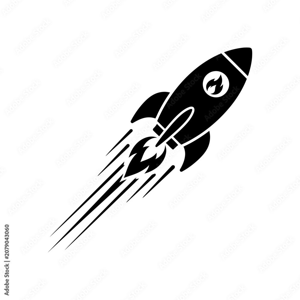 Obraz premium Rocket launch vector icon showing space ship flying with fire trail for startup business concept and technology innovation design isolated on white background for creative marketing projects.