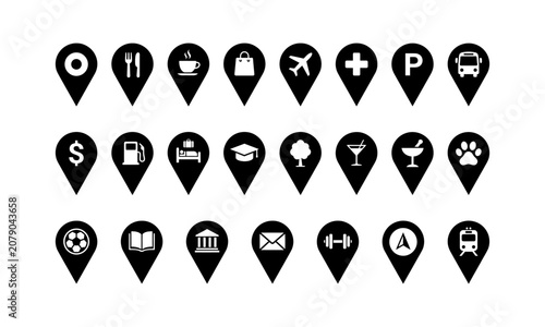 Bilde på lerret Utility map marker icon set location pin collection for urban services and public facilities black navigation pointers for city map apps business directory icons and amenity symbols vector