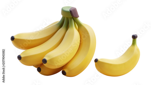 Quadro su tela Isolated yellow bananas, a whole bunch and one single fruit, fresh and sweet hea